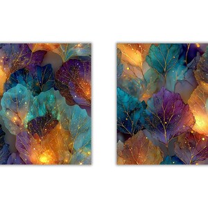 May include: Two square images featuring a repeating pattern of stylized leaves. The leaves are in shades of teal, purple, and orange, with gold veining and sparkling highlights. The overall effect is a vibrant, abstract floral design.