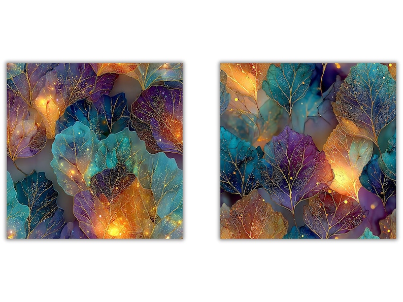 May include: Two square images featuring a repeating pattern of stylized leaves. The leaves are in shades of teal, purple, and orange, with gold veining and sparkling highlights. The overall effect is a vibrant, abstract floral design.