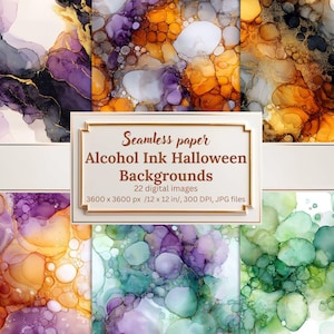 May include: A collection of seamless paper backgrounds with alcohol ink designs in various colors, including purple, orange, and green. The image includes a sign that reads "Seamless paper Alcohol Ink Halloween Backgrounds". The backgrounds are 3600 x 3600 px /12 x 12 in/.