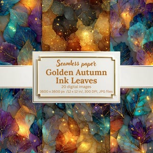 Könnte beinhalten: Digitales Kunstwerk mit einem sich wiederholenden Muster aus bunten Herbstblättern. Die Blätter sind in Türkis, Lila, Gold und Orange mit goldenen Akzenten gehalten. Der Text "Seamless paper Golden Autumn Ink Leaves" ist enthalten.