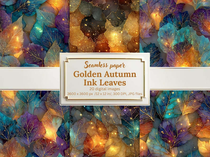 May include: A digital art image featuring a repeating pattern of colorful autumn leaves. The leaves are in shades of teal, purple, gold, and orange with gold accents. The image includes the text "Seamless paper Golden Autumn Ink Leaves".
