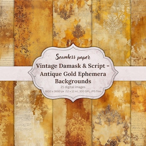 Vintage Damask Script Digital Papers, Antique Gold Ephemera Backgrounds, Seamless Distressed Textures, Shabby Chic, Scrapbooking, Journaling
