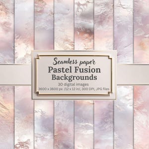 May include: A set of 30 digital seamless paper backgrounds in pastel colors with a marbleized effect. The backgrounds are 3600 x 3600 pixels, 12 x 12 inches, 300 DPI, and in JPG format.