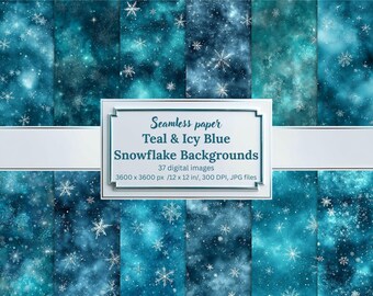 Teal and Icy Blue Snowflake Backgrounds, Seamless Winter Digital Papers, Watercolor Textures for Scrapbooking, Invitations & Card Making