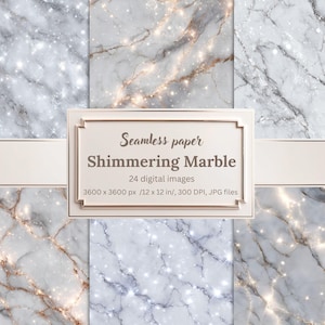 Puede incluir: Imagen digital que muestra seis texturas de mármol sin costuras con efectos brillantes. Los patrones de mármol presentan vetas blancas, grises y doradas, con reflejos brillantes. El texto en la imagen dice "Seamless paper Shimmering Marble".