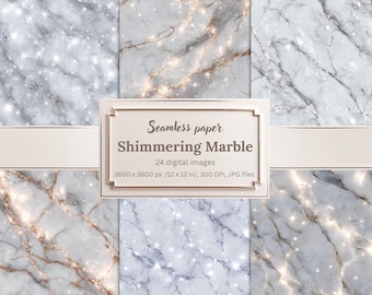 Shimmering Marble Digital Paper Pack, Seamless White Gray Textures, Gold Silver Sparkle Backgrounds, Printable Scrapbook Papers, Invitations