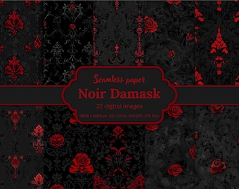 Noir Damask Gothic Halloween Digital Paper – 22 Black Red Seamless Backgrounds, Dark Luxury Damask Patterns & Textures, Scrapbooking, Crafts