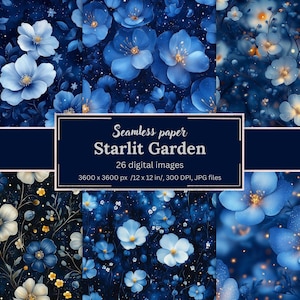 Starlit Garden Floral Digital Paper, 26 Seamless Night Patterns, Blue Flowers, Cosmic Backgrounds, Stars, Scrapbooking, Invitations, Design