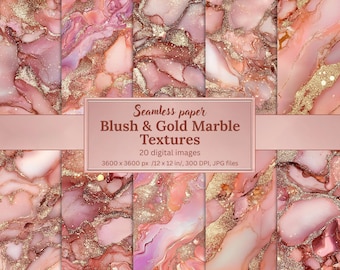 Könnte beinhalten: Ein Set mit 20 digitalen nahtlosen Papiertexturen mit rosa und goldenen Marmormustern. Jedes Bild ist 3600 x 3600 Pixel groß, 12 x 12 Zoll und hat 300 DPI.