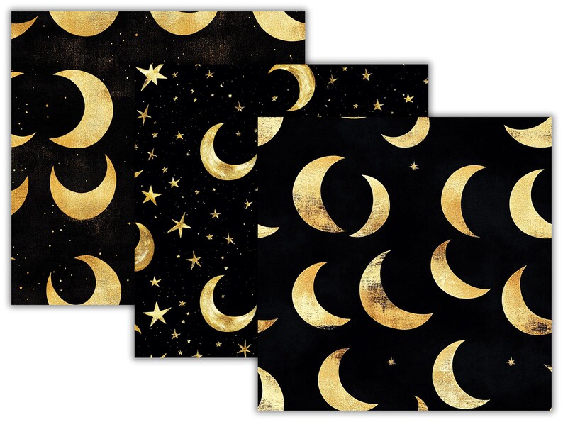 Golden Moon and Stars Digital Paper Bundle, 24 Black and Gold Celestial ...