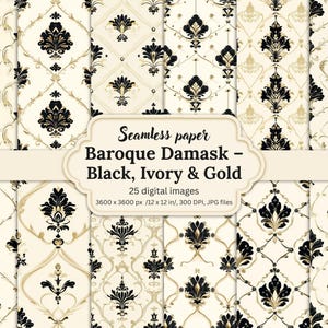 Baroque Damask Digital Paper Pack, 25 Ivory Black Gold Seamless Backgrounds, Luxury Vintage Ornate Patterns, Scrapbooking, Printables, Decor