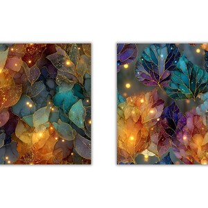May include: Two square art prints featuring a repeating pattern of stylized leaves. The leaves are in shades of gold, orange, teal, purple, and blue, with gold outlines and sparkling accents. The overall effect is a shimmering, jewel-toned design.