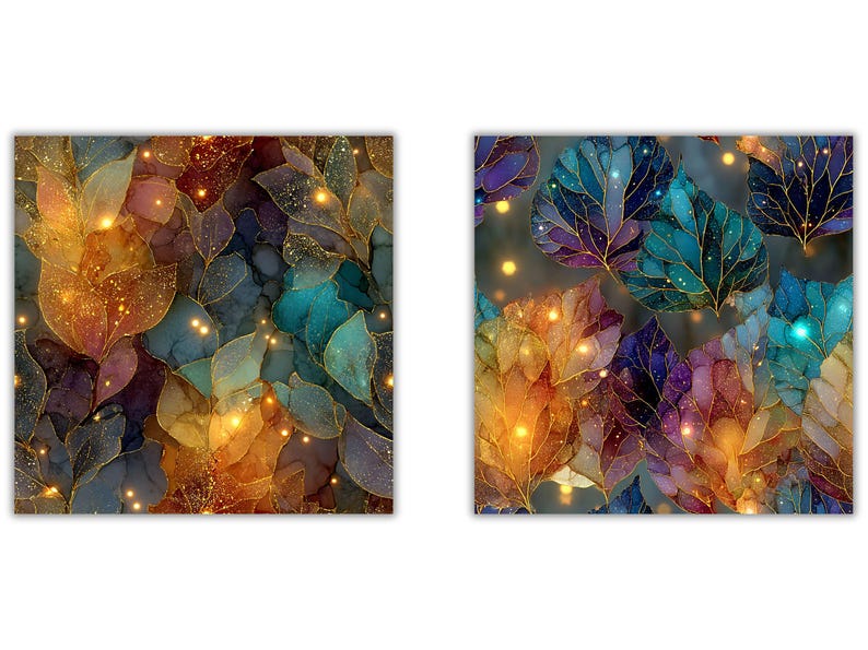 May include: Two square art prints featuring a repeating pattern of stylized leaves. The leaves are in shades of gold, orange, teal, purple, and blue, with gold outlines and sparkling accents. The overall effect is a shimmering, jewel-toned design.