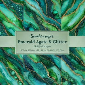 May include: Seamless paper featuring an emerald agate and glitter design. The image showcases a blend of green and teal hues with gold accents. The text on the image reads "Emerald Agate & Glitter" and "24 digital images". The image dimensions are 12 x 12 inches.