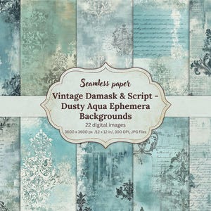 Vintage Damask Script Digital Papers, Dusty Aqua Ephemera Backgrounds, Seamless Distressed Textures, Shabby Chic, Scrapbooking, Journaling