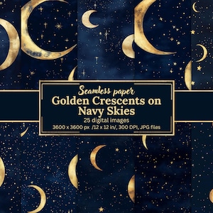 Golden Crescents Digital Paper Bundle - 25 Seamless Moon Backgrounds, Navy Blue Starry Sky, Gold Crescent Patterns, Celestial Scrapbooking