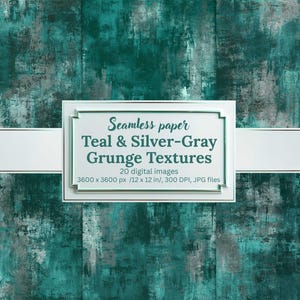 Teal and Silver Gray Grunge Textures, Seamless Digital Paper Bundle, Distressed Rustic Backgrounds, Printable Scrapbook Papers, Invitations