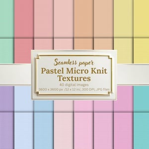 Puede incluir: Una colección de texturas de papel sin costuras en colores pastel con un patrón de micro punto. La imagen incluye una variedad de colores como verde menta, rosa, melocotón, amarillo y azul. La imagen también incluye un letrero que dice "Seamless paper Pastel Micro Knit Textures".