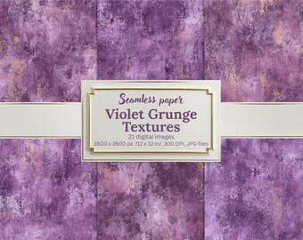 Violet Grunge Digital Paper Pack, Seamless Distressed Textures, Abstract Purple Gold Backgrounds, Printable Scrapbook Papers, Junk Journals