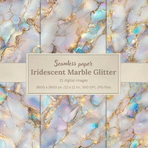 May include: Seamless paper featuring an iridescent marble glitter design. The design includes white, gold, and blue tones. The text on the image reads "Seamless paper Iridescent Marble Glitter" with details about the digital images, including 12 x 12 inch dimensions.