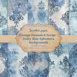 Vintage Damask Script Digital Paper, Dusty Blue Ephemera Backgrounds, Seamless Distressed Textures, Shabby Chic, Scrapbooking, Journaling