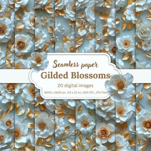 Gilded Blossoms – Elegant White & Gold Floral Digital Paper, 3D Seamless Textures, 20 Luxury Wedding Backgrounds, Scrapbook, Invites, Design