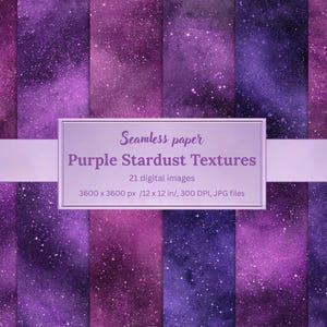 May include: A collection of seamless purple stardust textures. The image features 21 digital images with a watercolor effect, in shades of purple, magenta, and dark blue. The text on the image reads "Purple Stardust Textures". Each image is 12 x 12 inches.