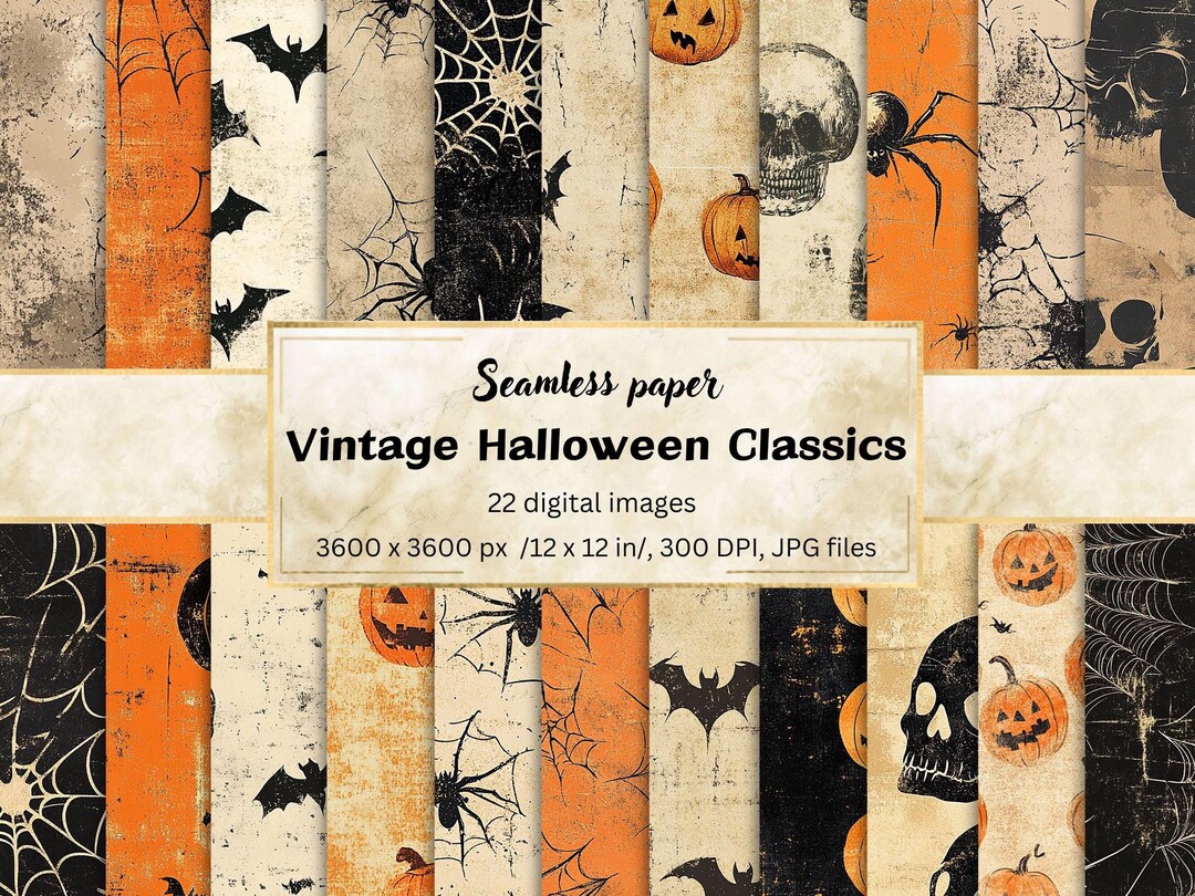 Vintage Halloween Digital Papers, Aged Grunge Texture, Skulls, Spiders ...