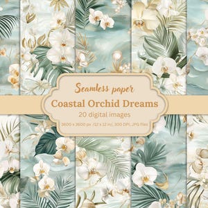 Coastal Orchid Seamless Digital Paper Bundle, 20 Beach Floral Backgrounds, Tropical Sea Patterns, Ocean Shells, Scrapbooking, Invitations
