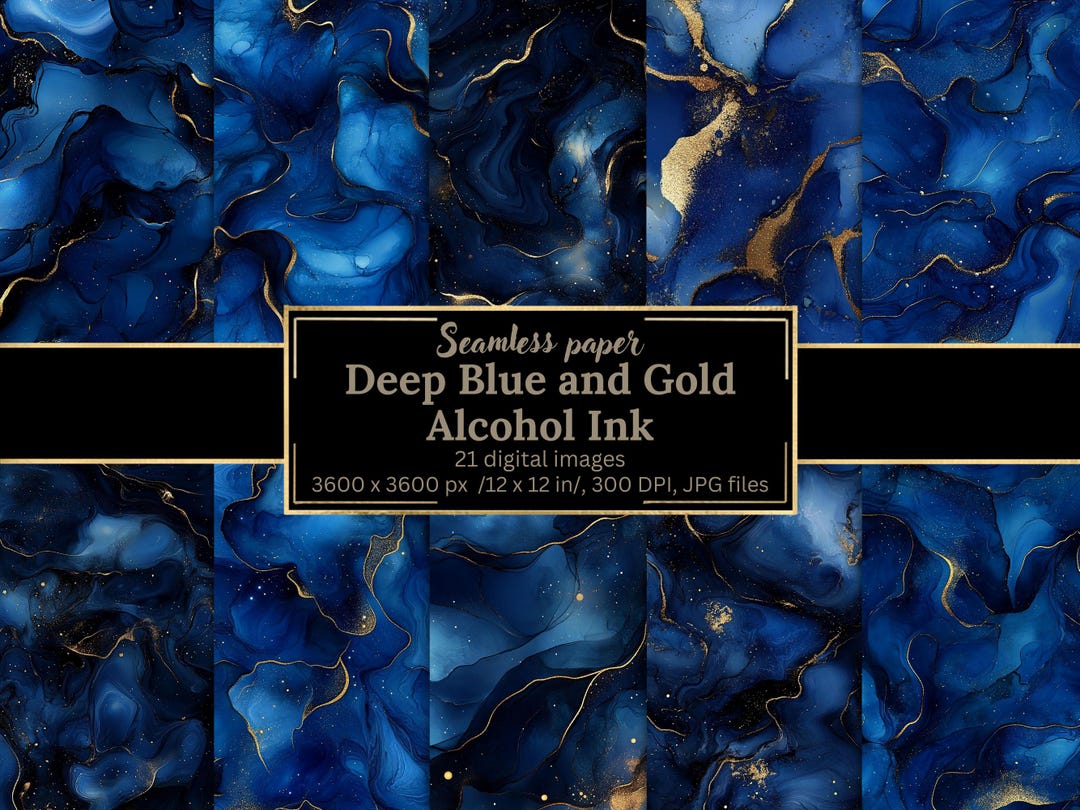 Deep Blue & Gold Alcohol Ink Digital Paper Bundle, 21 Seamless Abstract ...