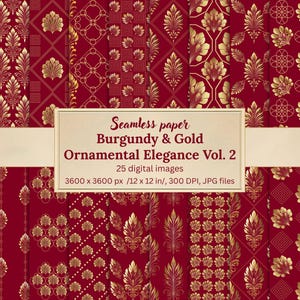 Burgundy & Gold Ornamental Digital Paper Bundle - 25 Seamless Baroque Backgrounds, Floral Geometric Patterns, Scrapbooking, Wedding Invites