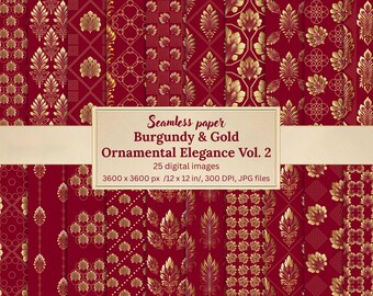 May include: A collection of burgundy and gold seamless paper patterns with various ornamental designs. The patterns include floral, geometric, and abstract elements. The image includes the text "Seamless paper Burgundy & Gold Ornamental Elegance Vol. 2".