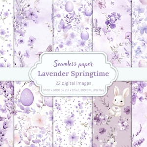 Lavender Springtime Digital Paper, 22 Seamless Easter Backgrounds, Pastel Floral Patterns, Birds, Butterflies, Eggs, Bunnies, Scrapbooking