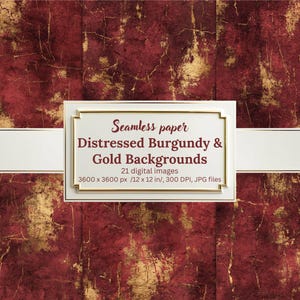 May include: Digital seamless paper with a distressed burgundy and gold design. The image includes a white banner with text that reads "Seamless paper Distressed Burgundy & Gold Backgrounds". The image dimensions are 3600 x 3600 px, or 30.48 x 30.48 cm.