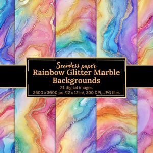 May include: A collection of digitally created backgrounds with a rainbow marble effect. The images feature swirling colors of blue, pink, yellow, and purple with gold glitter accents. The text on the image reads "Seamless paper Rainbow Glitter Marble Backgrounds". Each image is 12 x 12 inches.