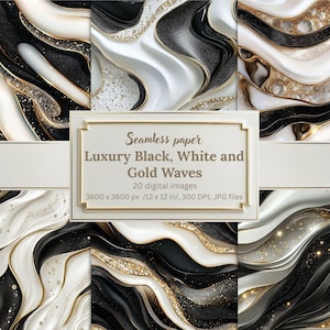 May include: A collection of digital images featuring seamless black, white, and gold wave patterns. The images have a resolution of 3600 x 3600 pixels, equivalent to 12 x 12 inches, and are 300 DPI. The text on the image reads: "Seamless paper Luxury Black, White and Gold Waves".