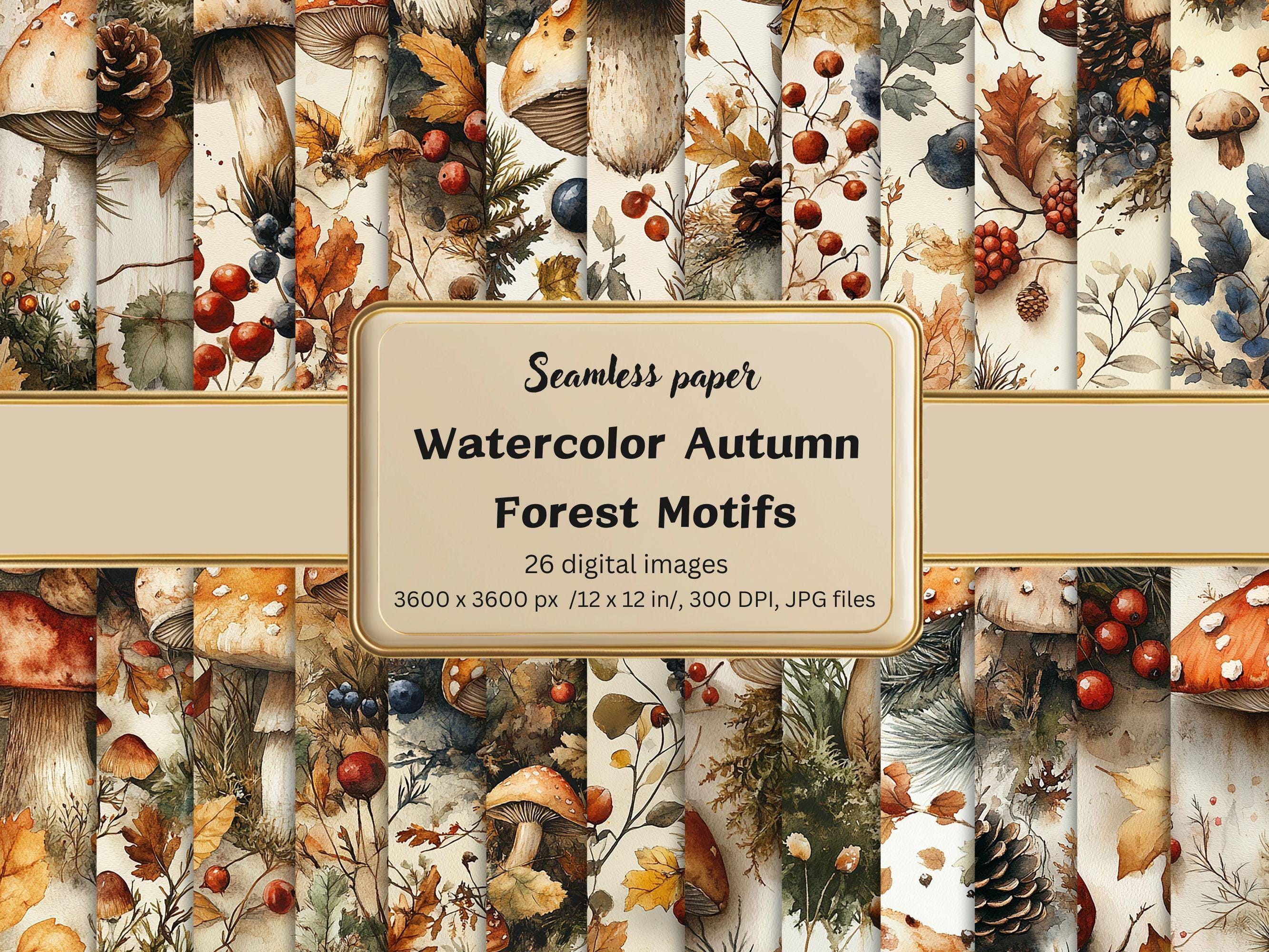 Watercolor Autumn Forest Motifs Seamless Digital Paper, Mushrooms ...