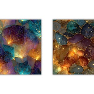 May include: Two abstract art prints. One features a close-up of colorful leaves in shades of teal, purple, and gold. The other print shows a mosaic of jewel-toned stones with gold accents and sparkling details. Both have a dreamy, ethereal quality.