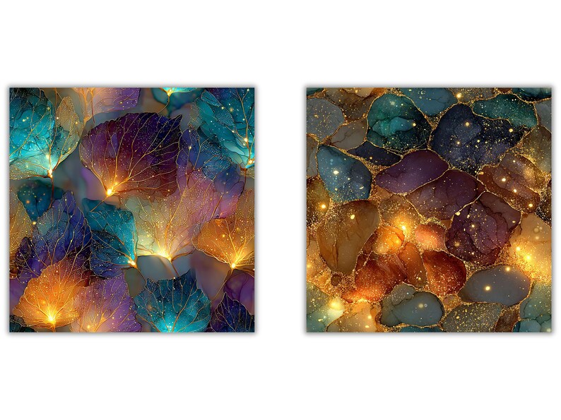 May include: Two abstract art prints. One features a close-up of colorful leaves in shades of teal, purple, and gold. The other print shows a mosaic of jewel-toned stones with gold accents and sparkling details. Both have a dreamy, ethereal quality.