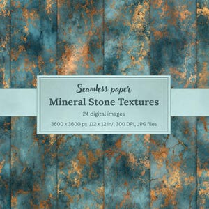 May include: Seamless paper with mineral stone textures. The background features a teal and gold marbled design. The image includes a rectangular label with the text "Seamless paper Mineral Stone Textures". The image dimensions are 3600 x 3600 px /12 x 12 in/.