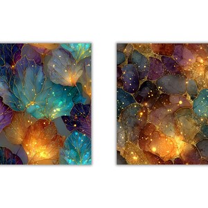 May include: Two square art prints featuring abstract designs. One showcases colorful leaves in shades of teal, purple, and orange with gold accents. The other displays a mosaic of jewel-toned stones with gold highlights and sparkling effects.
