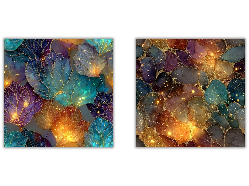 May include: Two square art prints featuring abstract designs. One showcases colorful leaves in shades of teal, purple, and orange with gold accents. The other displays a mosaic of jewel-toned stones with gold highlights and sparkling effects.