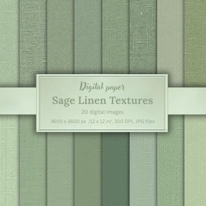 May include: A collection of 20 digital paper files featuring sage green linen textures. The central label displays the text: Digital paper, Sage Linen Textures, 20 digital images, 3600 x 3600 px / 12 x 12 in, 300 DPI, JPG files.