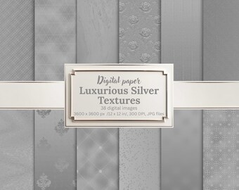 May include: Digital paper featuring various luxurious silver textures. The image showcases a collection of 38 digital images with different patterns and designs. Each image is 12 x 12 inches and 300 DPI, perfect for digital projects.