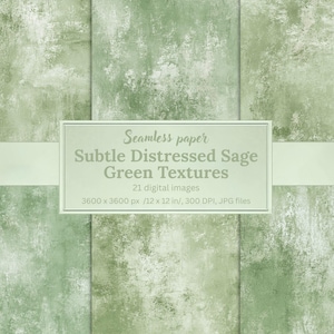 May include: A digital image showcasing a seamless pattern of subtle distressed sage green textures. The image includes a rectangular text box with the words "Seamless paper Subtle Distressed Sage Green Textures". The image dimensions are 3600 x 3600 px / 30.48 x 30.48 cm.