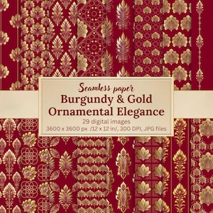 Burgundy & Gold Ornamental Digital Paper Bundle, 29 Seamless Backgrounds, Baroque Damask Patterns, Vintage Floral Design, Scrapbooking, JPG