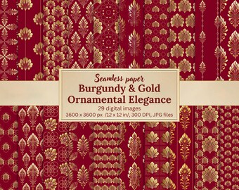 May include: A collection of burgundy and gold seamless paper designs with ornamental patterns. The image includes various repeating patterns with floral and geometric motifs. The text on the image reads "Burgundy & Gold Ornamental Elegance". The image dimensions are 12 x 12 inches.