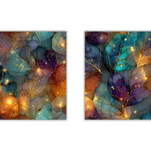 May include: Two square art prints featuring a repeating pattern of stylized leaves. The leaves are in shades of teal, purple, and orange with gold veins and sparkling accents. The background is a muted gray.