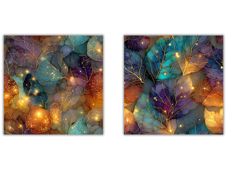 May include: Two square art prints featuring a repeating pattern of stylized leaves. The leaves are in shades of teal, purple, and orange with gold veins and sparkling accents. The background is a muted gray.