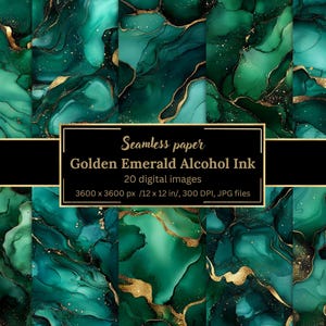Golden Emerald Alcohol Ink Digital Paper Bundle - 20 Abstract Seamless Green Gold Backgrounds, Luxury Branding, Scrapbooking, Card Making